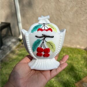 Vintage Westmoreland White Milk Glass Painted Cherries & Grapes Creamer w/Lid